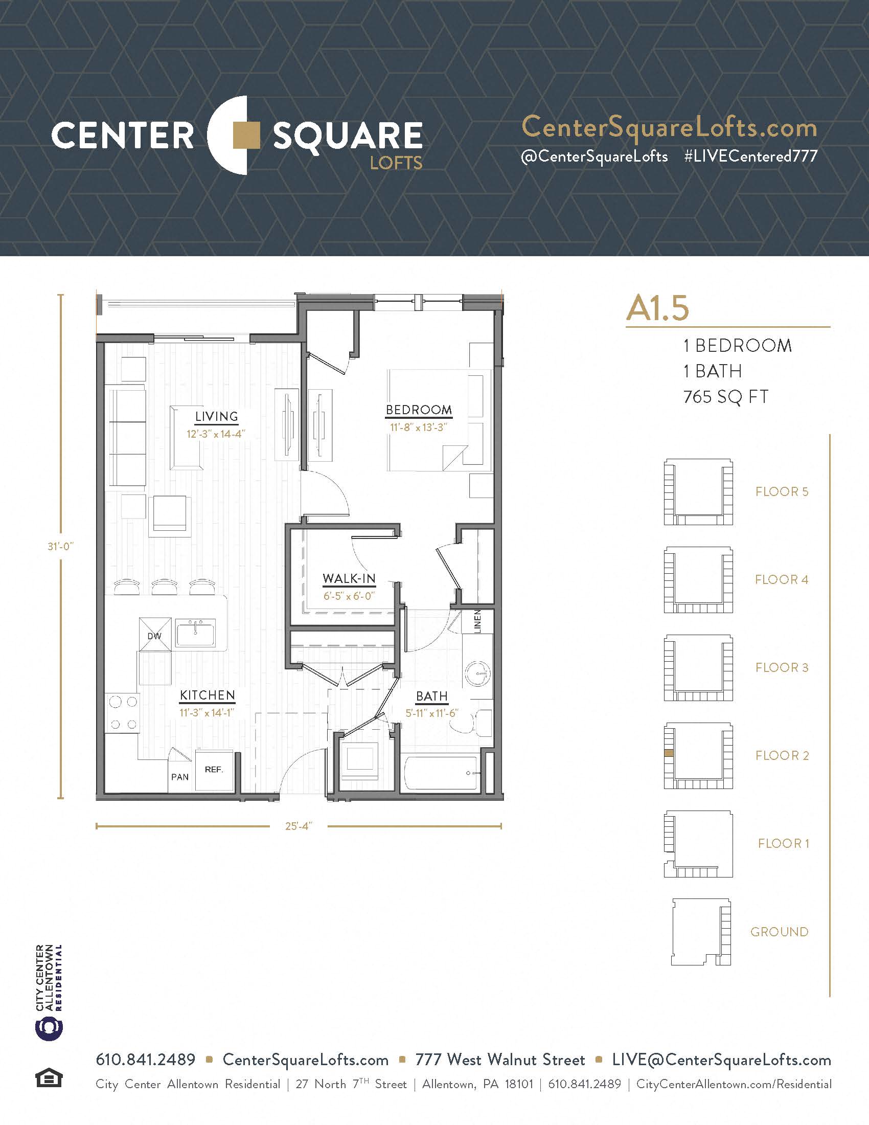 Floor plan for 1 bed, 1 bath, 765 sqft
